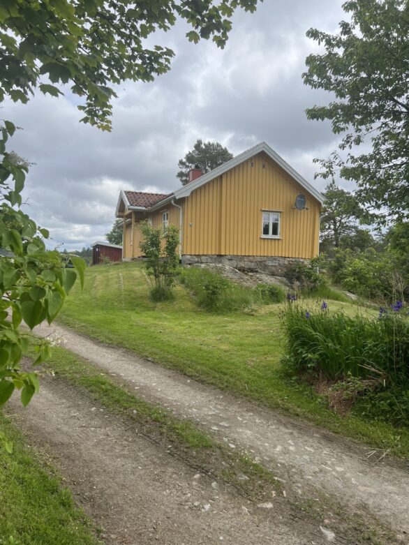 Bilde av hovedbygningen på Mellom Roos, et lite gult eldre hus
