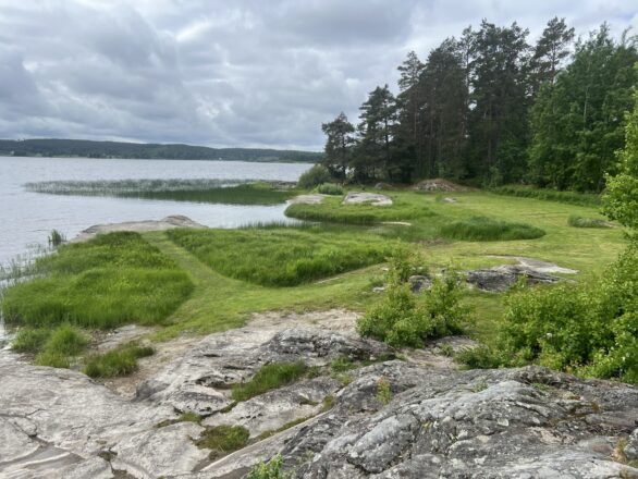 Bilde over badeplass ved Engsand i Svinndal, men stor plen, trær og vann